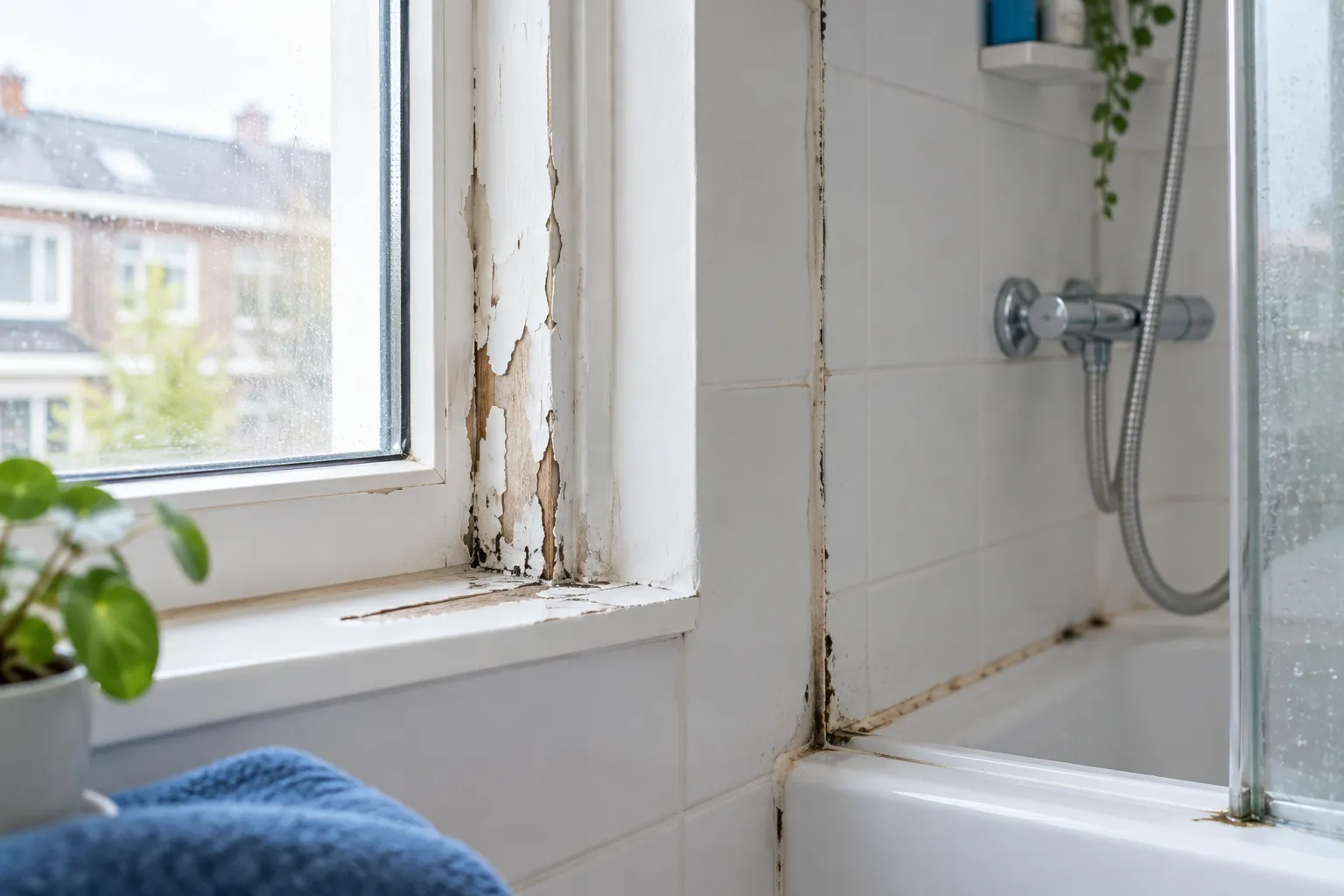 Afbladderende verf op een wit raamkozijn naast een douche met verkleurde en beschadigde kitnaden