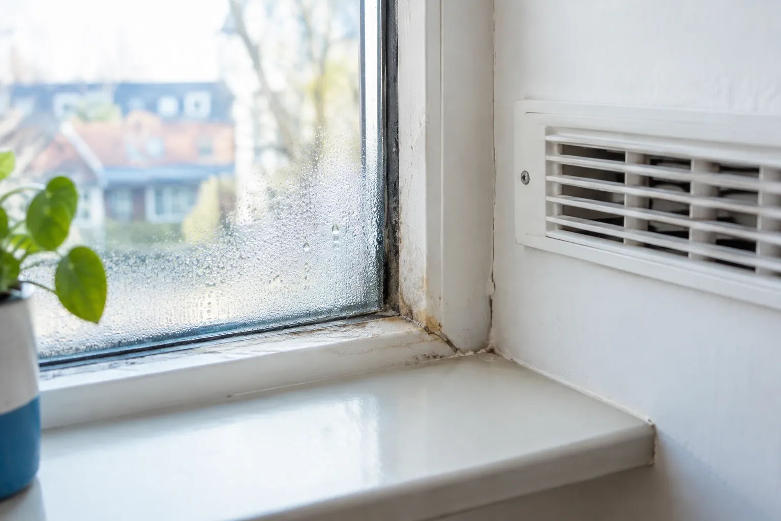 Condens op een raam met verkleurde kit in de hoek, naast een wit ventilatierooster en een blauw-witte plantenpot