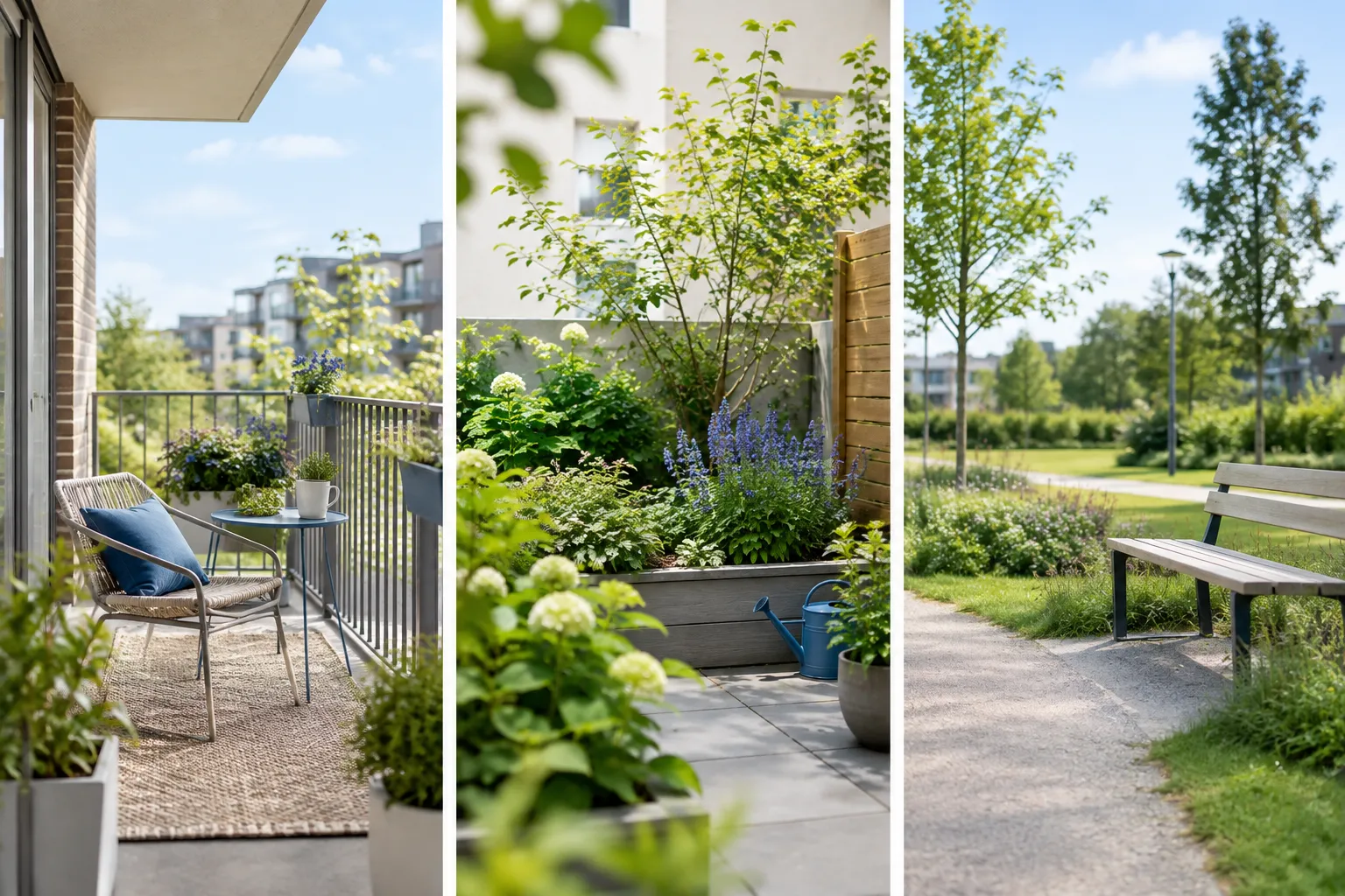 Drieluik met een balkon met stoel, een compacte groene tuin en een openbaar groenpad met bankje