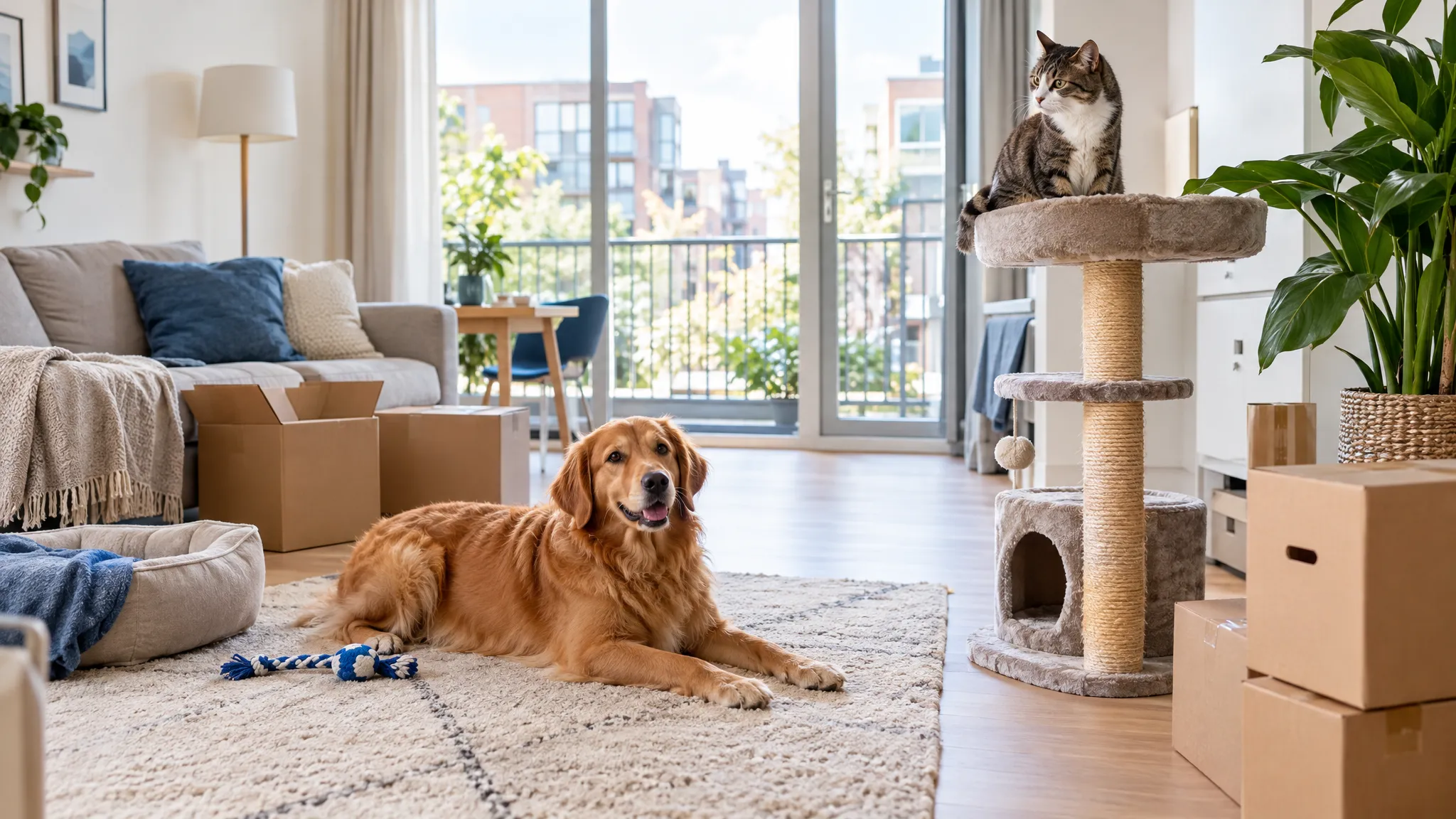Een hond ligt op een kleed en een kat zit op een krabpaal in een lichte woonkamer met verhuisdozen