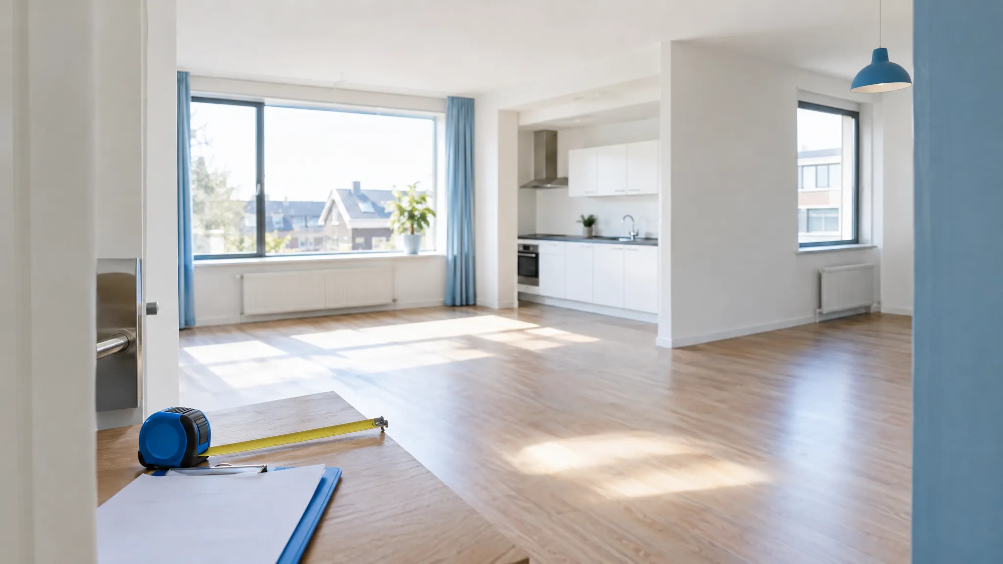Lichte, lege woning met open keuken en grote ramen, met een rolmaat en klembord op de voorgrond