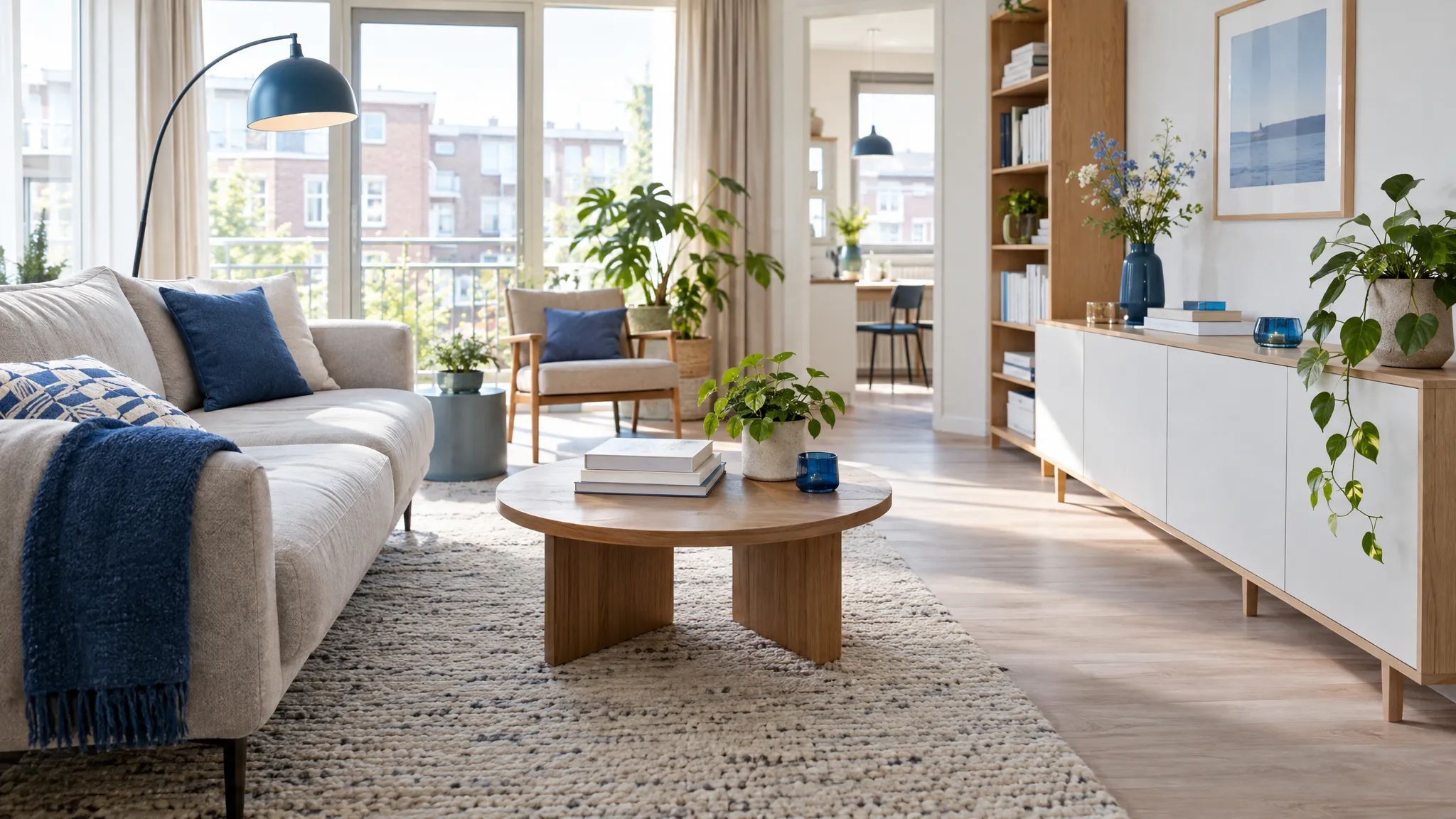 Lichte woonkamer met een grijze bank, blauwe accenten, vloerkleed, booglamp, planten en een laag opbergmeubel