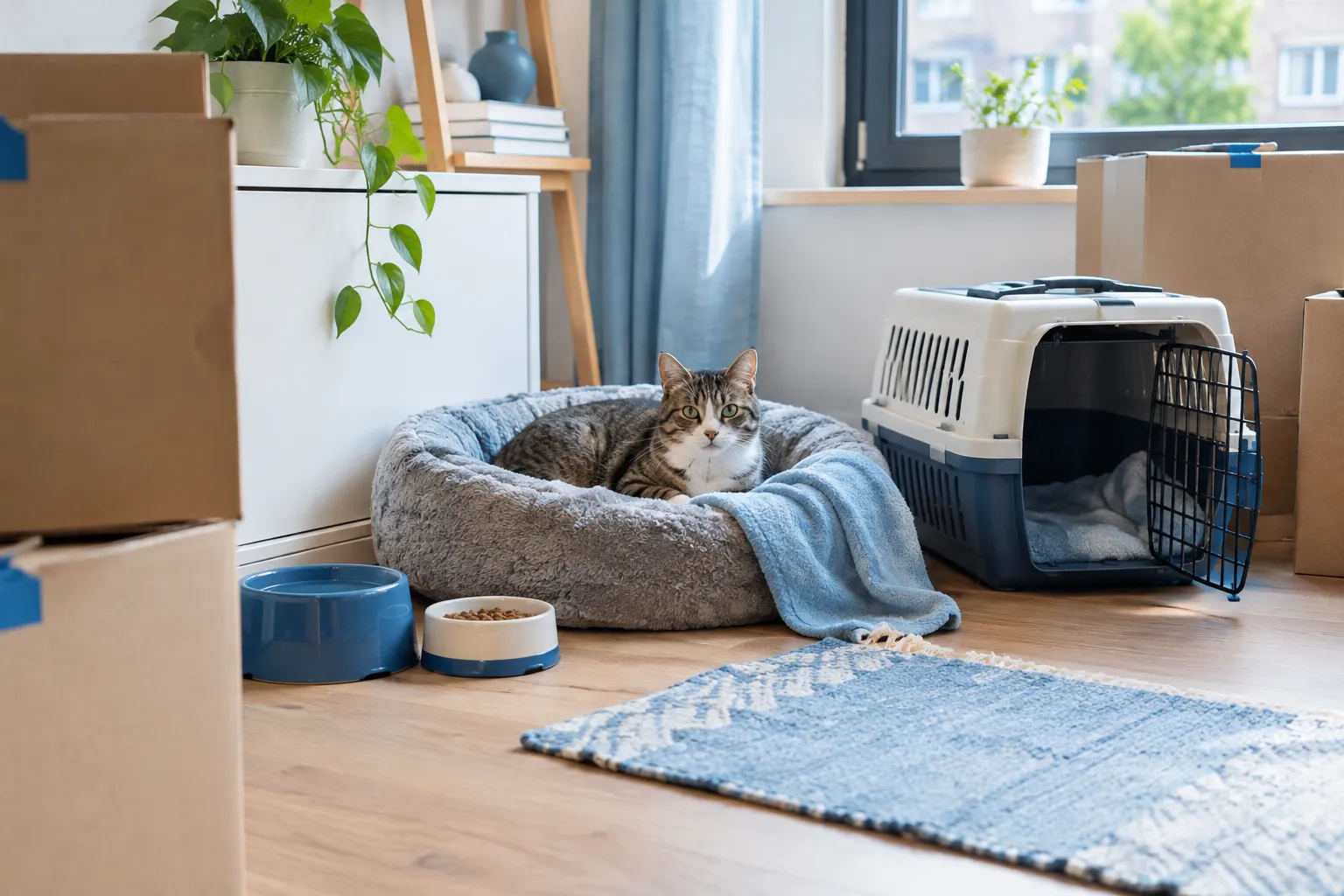 Een kat ligt tussen verhuisdozen in een zachte mand met een blauwe deken, naast drinkbakken en een open transportmand
