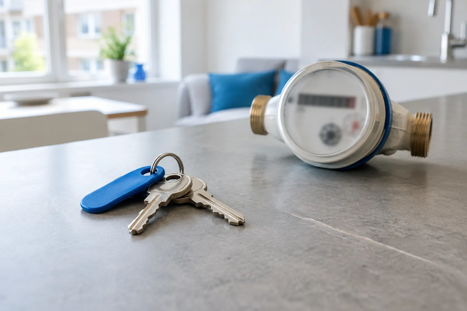 Sleutels met een blauwe hanger en een watermeter met onleesbare stand liggen op een grijs aanrecht met een kras