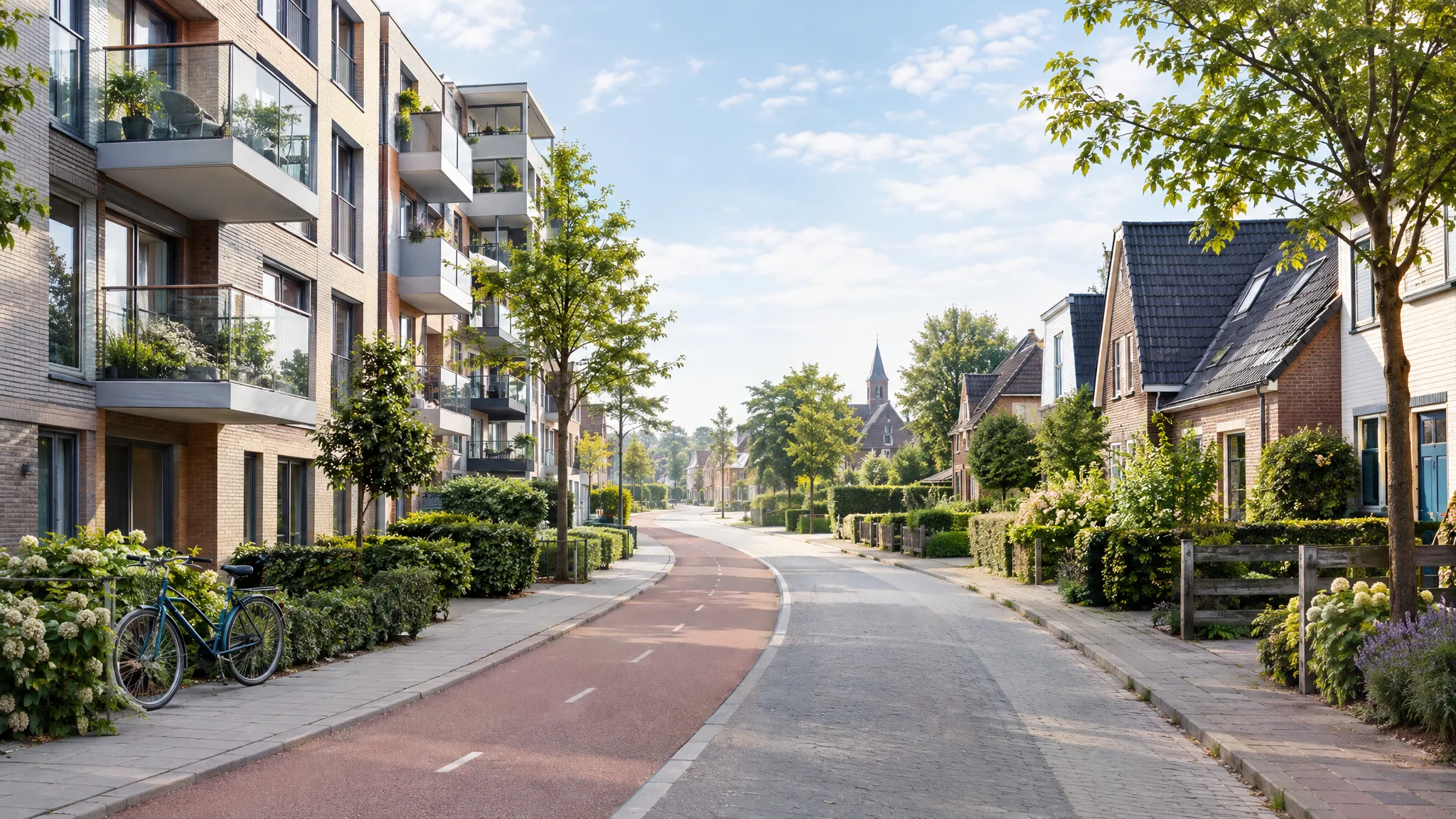 Groene woonstraat met moderne appartementen links, dorpshuizen rechts en een rood fietspad ertussen