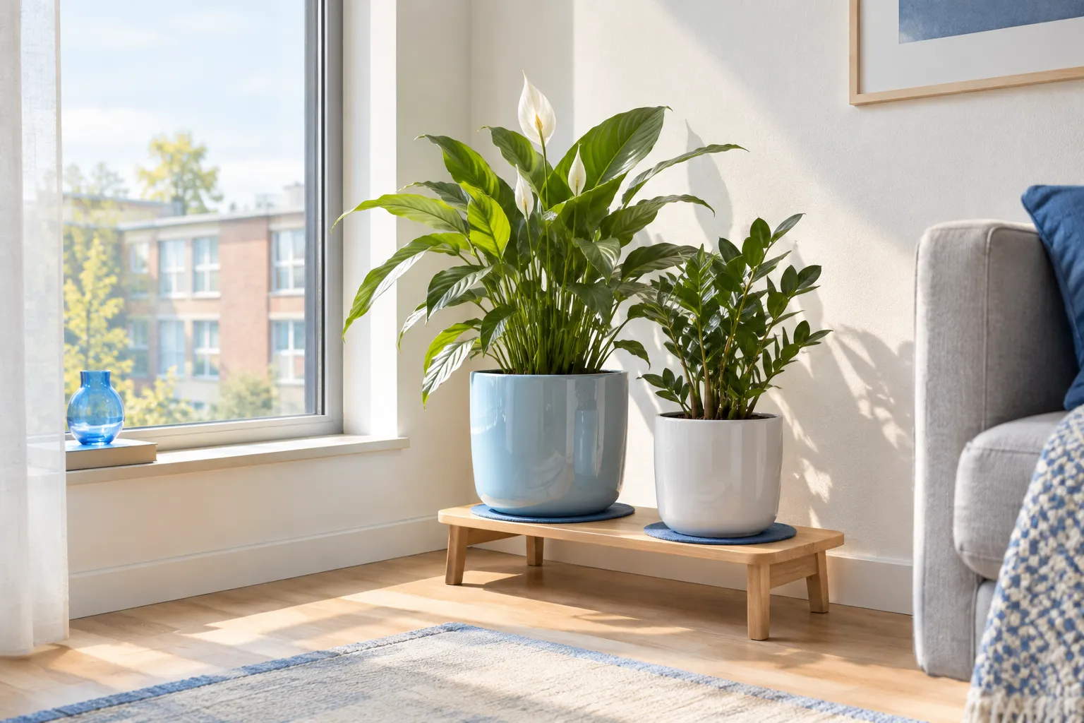 Twee planten in sierpotten op blauwe onderzetters staan op een lage houten standaard naast een groot raam