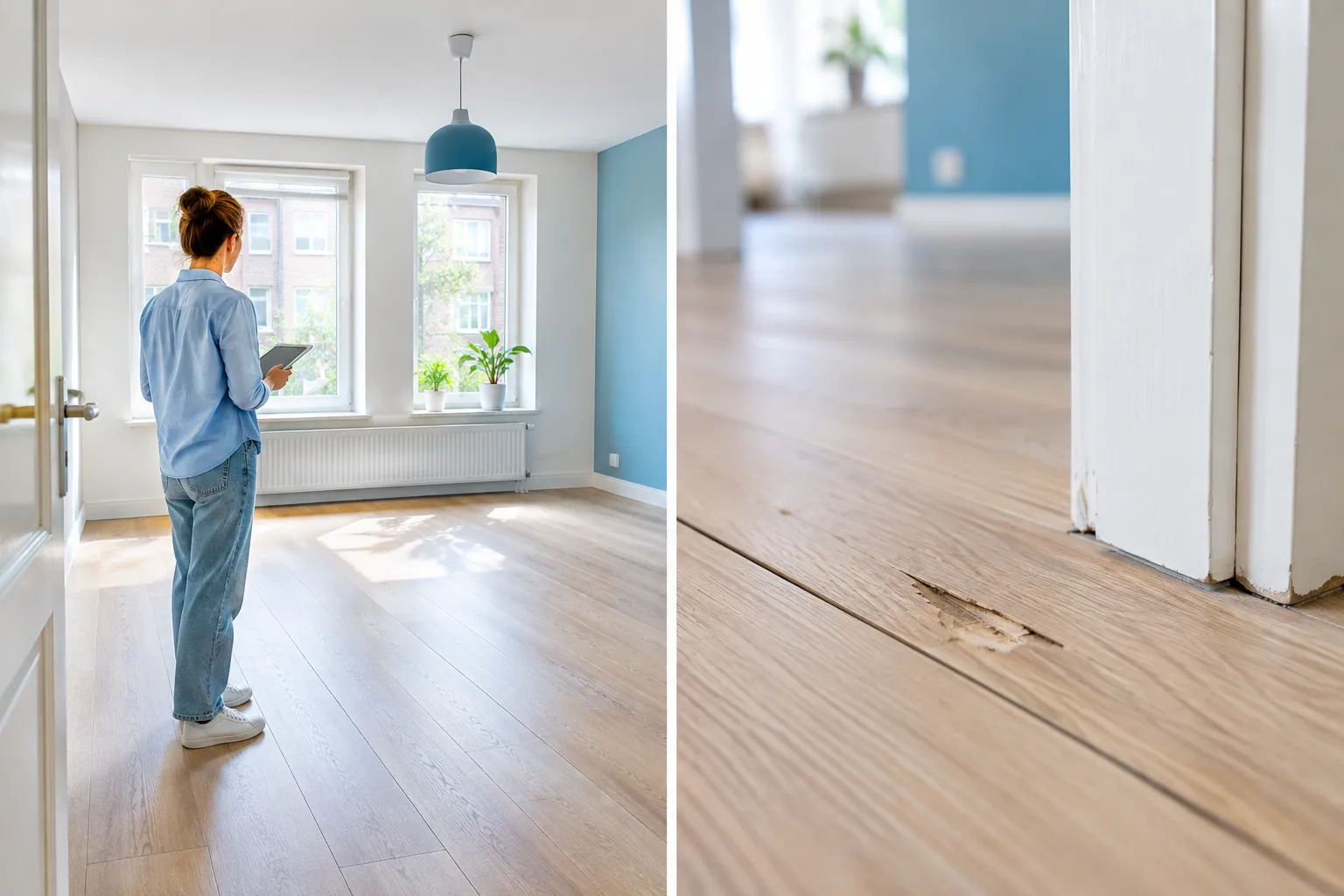 Tweeluik met links een vrouw met tablet in een lichte kamer en rechts vloerschade bij een deurpost
