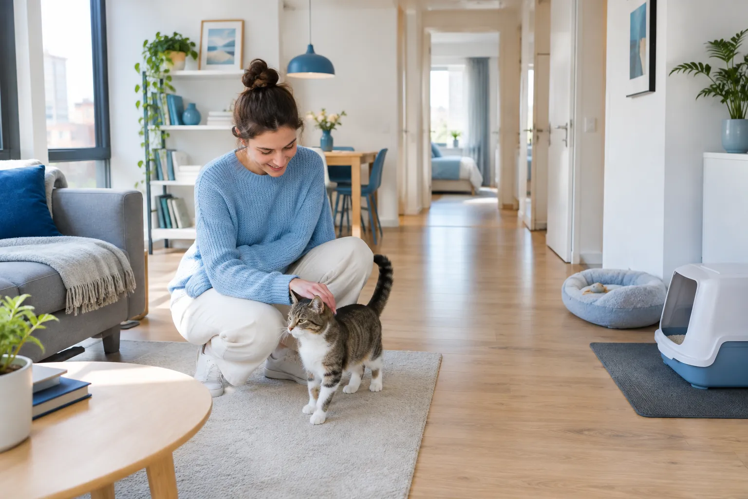 Een vrouw aait een kat in een licht appartement met een vrije looproute, een dierenmand en een kattenbak naast de muur