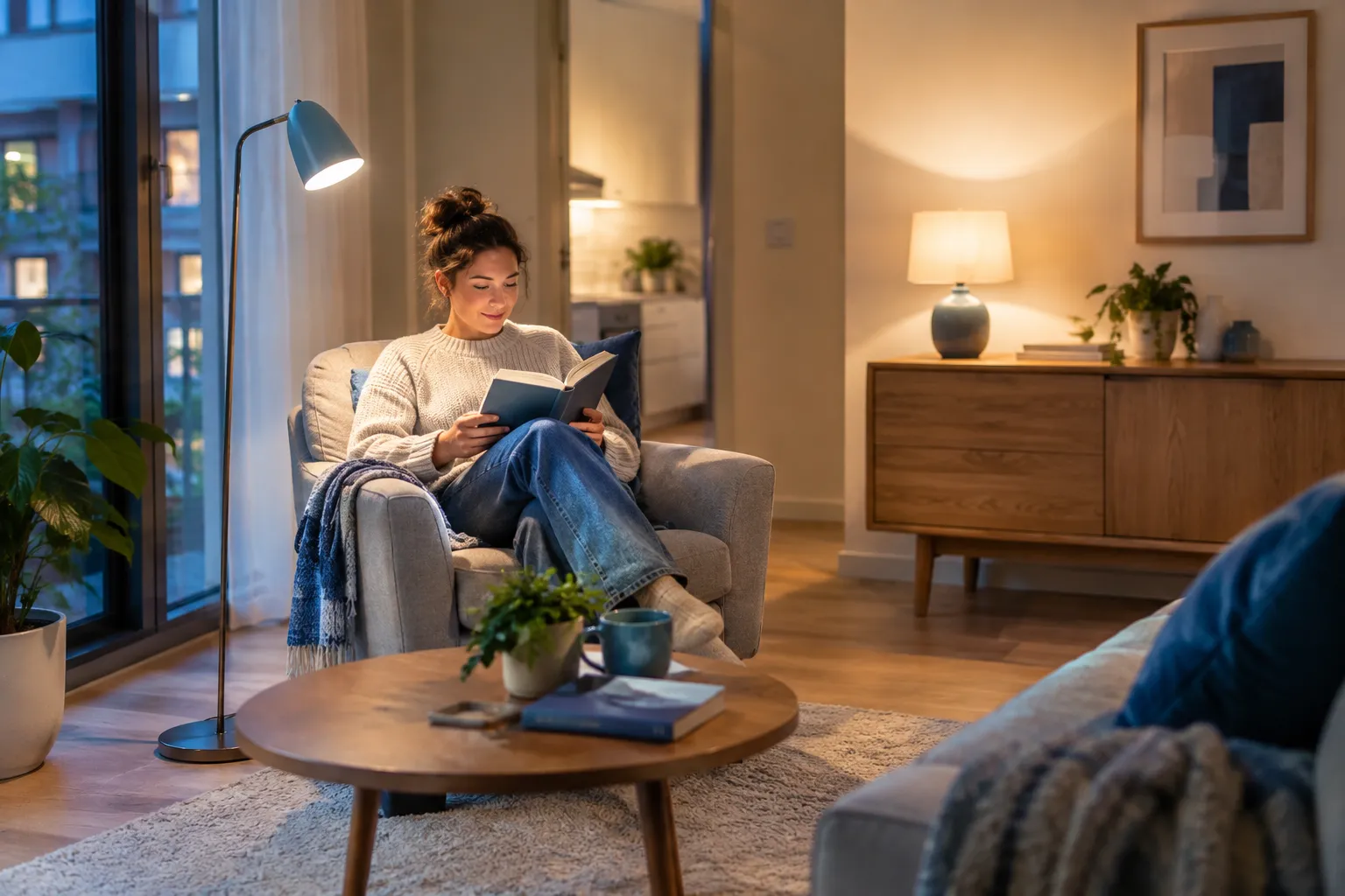 Een vrouw leest in een fauteuil naast een blauwe vloerlamp, met een warme tafellamp op het dressoir
