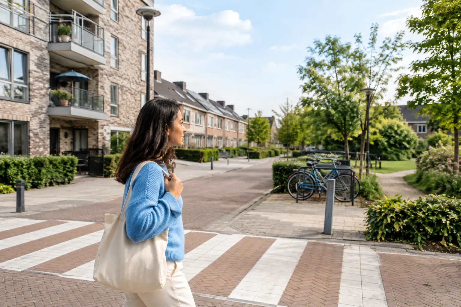Een vrouw bij een zebrapad in een woonstraat met fietsenrekken, lantaarnpalen en een pad naar een groenstrook