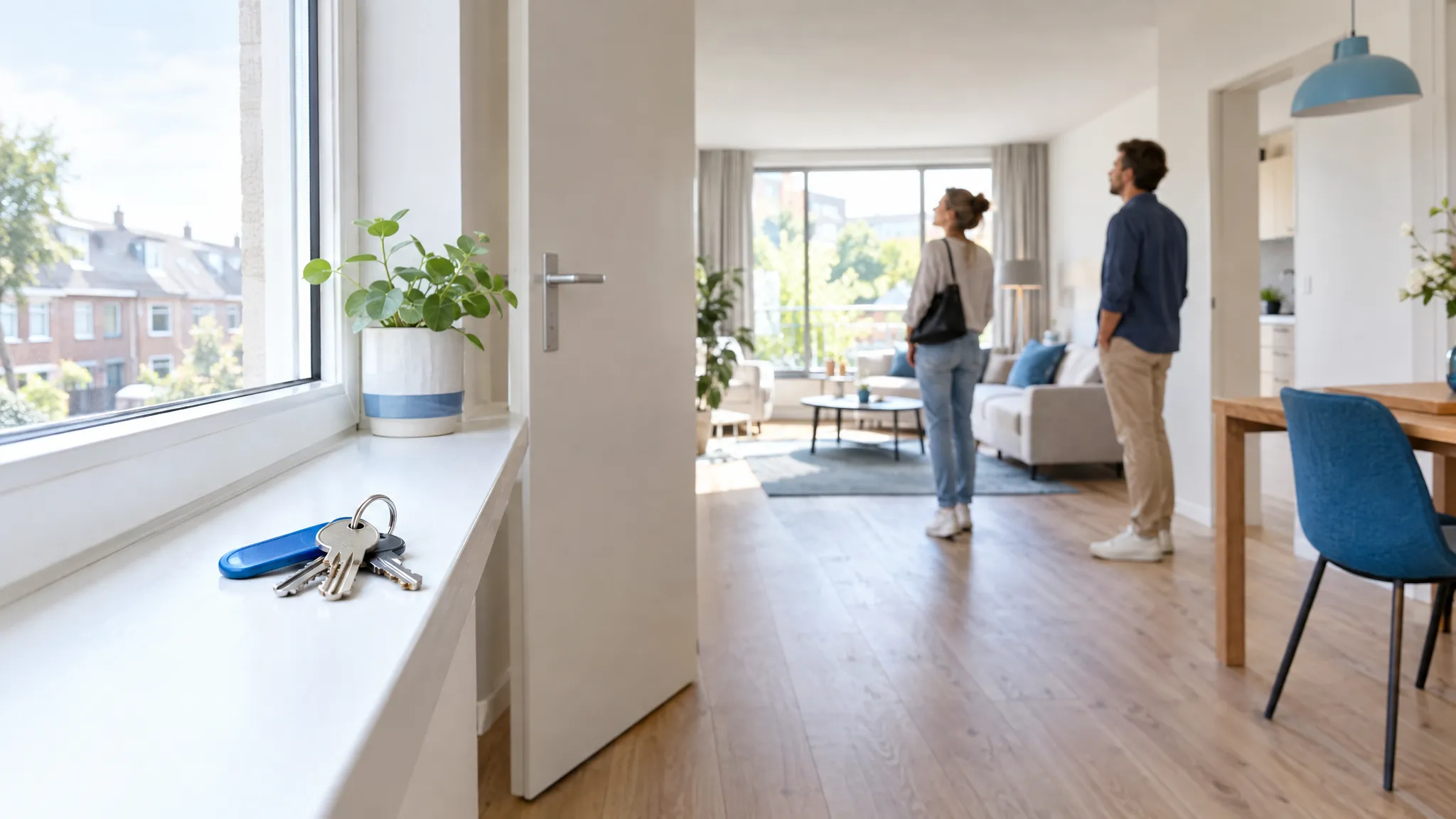 Sleutelbos op een vensterbank naast een open deur, met twee volwassenen in een lichte, ingerichte woonkamer